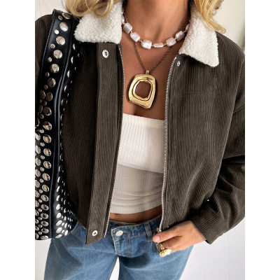 Women Sherpa Collar Cropped Corduroy Zip Up Jacket