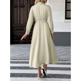 Lapel Collar Shirt Dress Women Long Sleeve Waist Tie Pleated Midi Office Dress