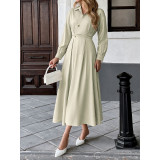 Lapel Collar Shirt Dress Women Long Sleeve Waist Tie Pleated Midi Office Dress
