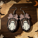 Halloween Cute Ghost Jar Pink Bow Wooden Dangle Drop Earrings
