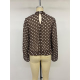 Brown Polka Dot Mock Neck Sheer Chiffon Long Balloon Sleeve Blouse