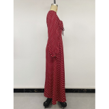 Womens Square Neck Polka Dot Long Sleeve Midi Dress