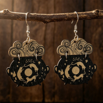 Witch Cauldron Cat Moon Cloud Engraved Wooden Drop Earrings