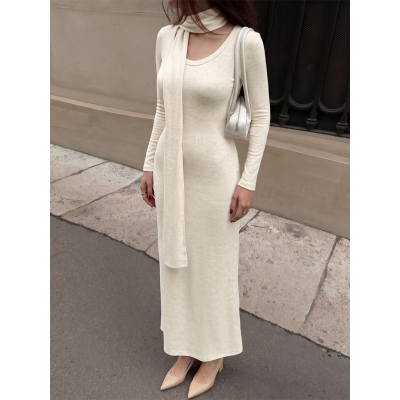 Womens U Neck Knit Maxi Dress With Matching Neck Scarf