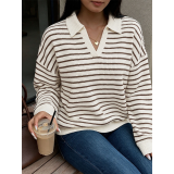 Womens Collared V Neck Striped Waffle Knit Sweatshirt