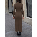 Womens Mock Neck Ruched Side Slit Ribbed Knit Maxi Dress