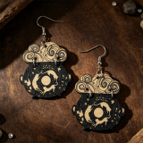 Witch Cauldron Cat Moon Cloud Engraved Wooden Drop Earrings