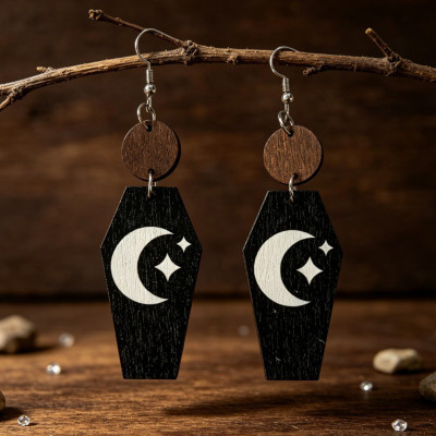 Moon Star Coffin Wooden Dangle Earrings
