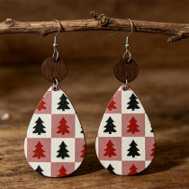 Christmas Tree Checkered Wood Teardrop Earrings