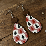Christmas Tree Checkered Wood Teardrop Earrings