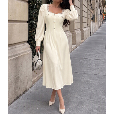 Cream Square Neck Puff Sleeve Midi Dress
