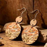 Desert Moon Cactus Print Wooden Round Earrings
