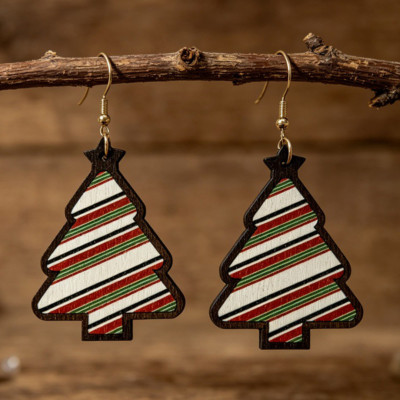 Striped Wooden Christmas Tree Dangle Earrings