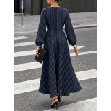 Striped Boat Neck Puff Sleeve Midi Dress