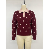 Polka Dot Contrast Collar Knit Polo Sweater