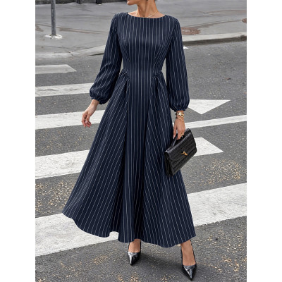Striped Boat Neck Puff Sleeve Midi Dress