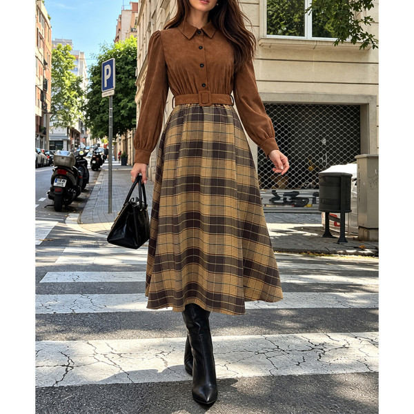 Vintage Corduroy Plaid Midi Dress