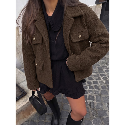 Lapel Teddy Fleece Short Jacket With Gold Buttons