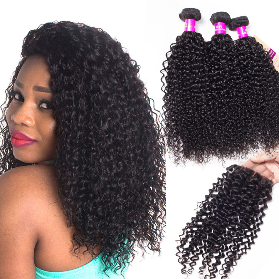 Us 12572 Jerry Curly Human Hair Weft With Closure 100 Virgin Human Hair 3 Bundles With 44 