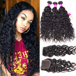Wet and Wavy Human Hair Bundles with Closure Water Weave 3 Bundles With Closure Sale