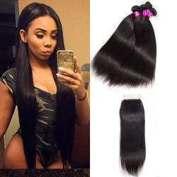 Straight Human Hair 4 Bundles With Lace Closure Virgin Hair Straight With Closure
