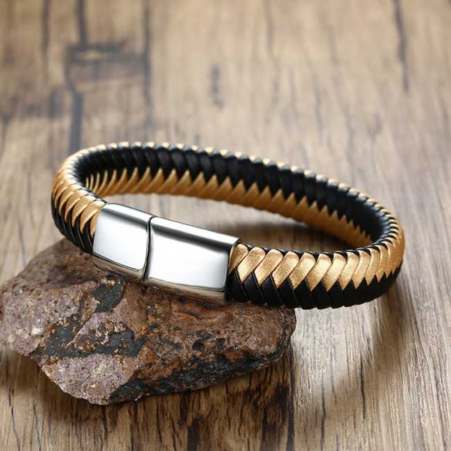 Wholesale Stainless Steel Black Gold Braided Leather Bracelet