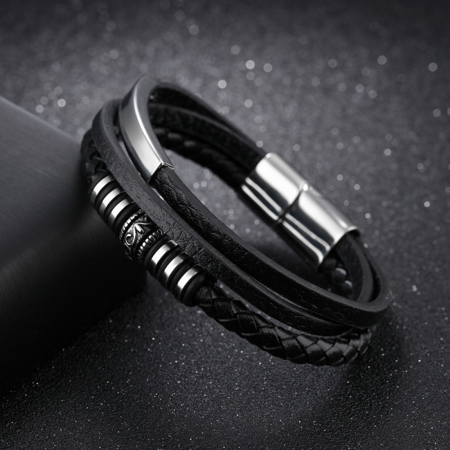 Wholesale Stainless Steel Personalized Multilayer Leather Bracelet