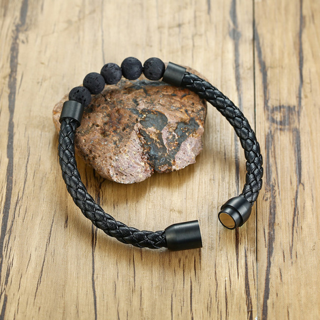 Wholesale Lava stone Braided Rope Leather Bracelet for Men