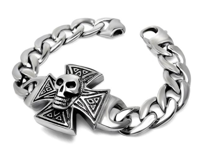 Wholesale Stainless Steel Skull on Iron Cross Bracelet