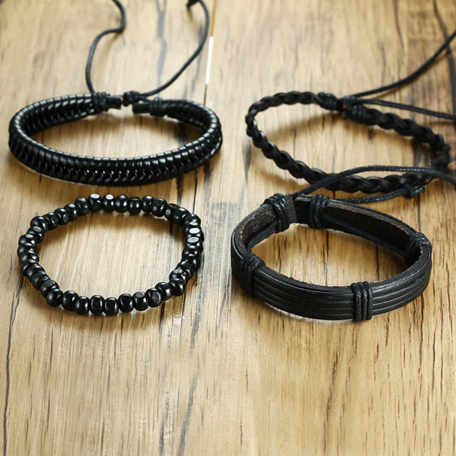 Wholesale Mens Beads Bracelet and Leather Bracelet Set