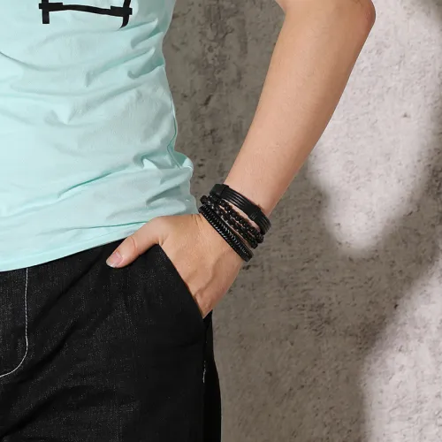 Wholesale Mens Beads Bracelet and Leather Bracelet Set