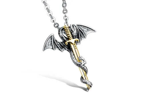 Wholesale Stainless Steel Mens Pterosaur Catch Sword Necklace