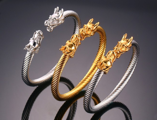 Wholesale Stainless Steel Double Dragon Bangle Bracelet