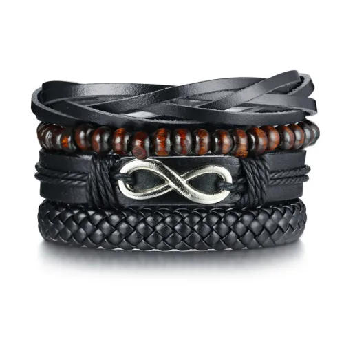 Wholesale Mens Wood Beads Leather Bracelet Set