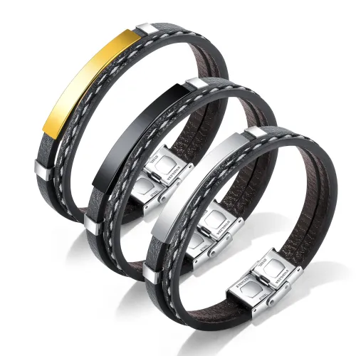 Wholesale Stainless Steel Mens Engraving ID Bracelet Braided Leather Bracelet