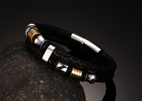 Wholesale Mens IP Gold Beads Black Braid Leather Bracelet