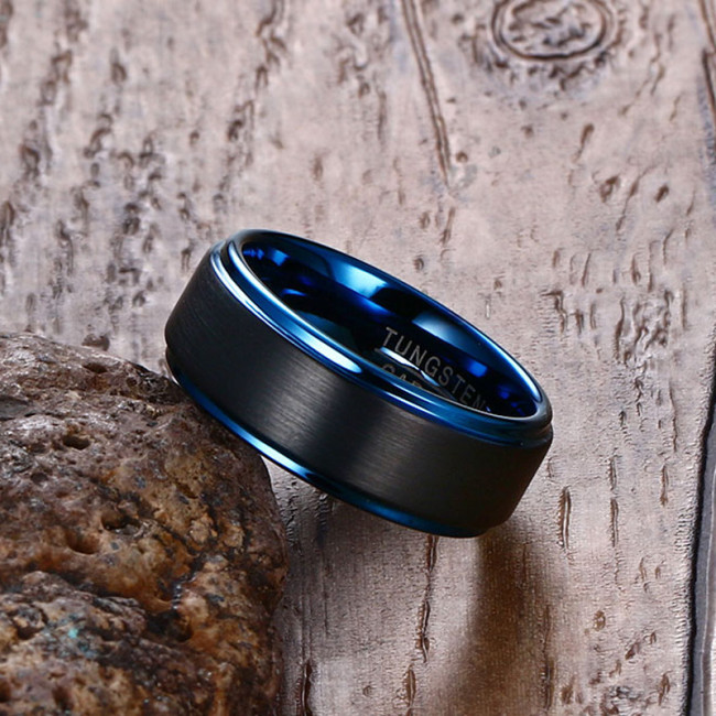 Wholesale Black & Blue Matte Tungsten Ring