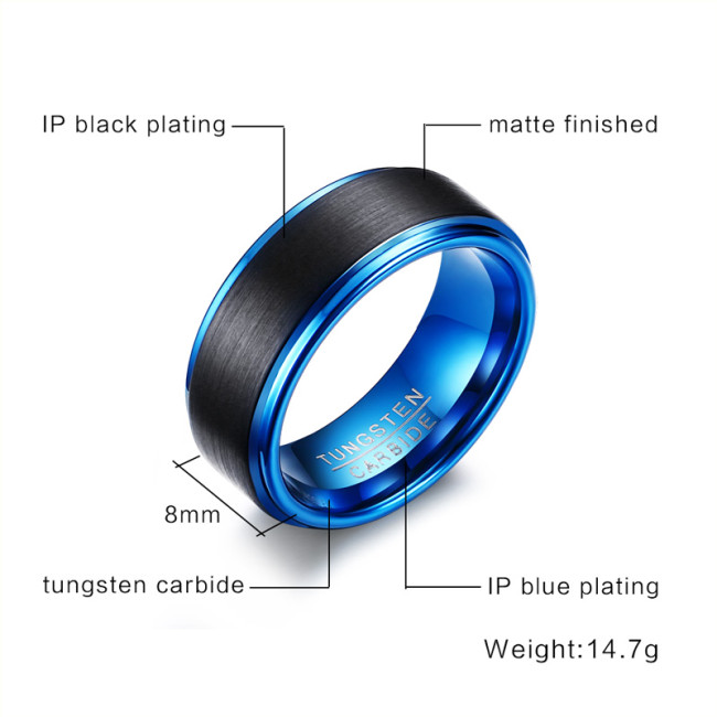 Wholesale Black & Blue Matte Tungsten Ring
