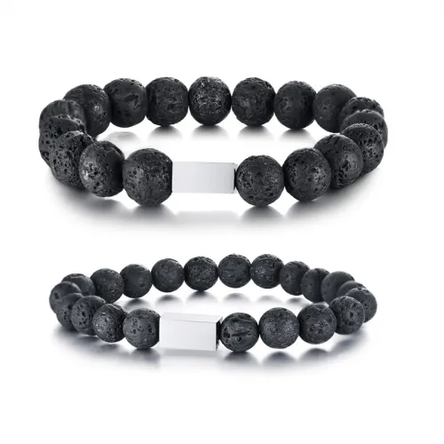 Wholesale Stainless Steel Mens Lava Stone Bead Bracelet