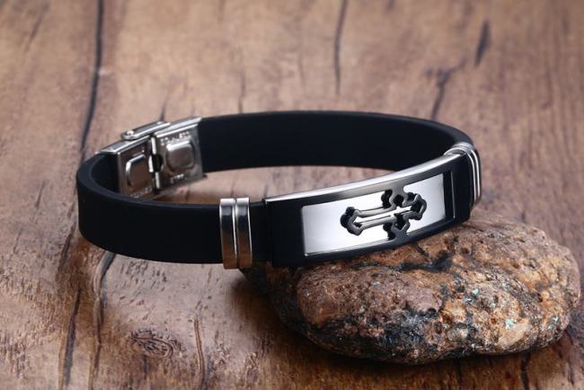 Wholesale Stainless Steel Cross Black Silicone Bracelet