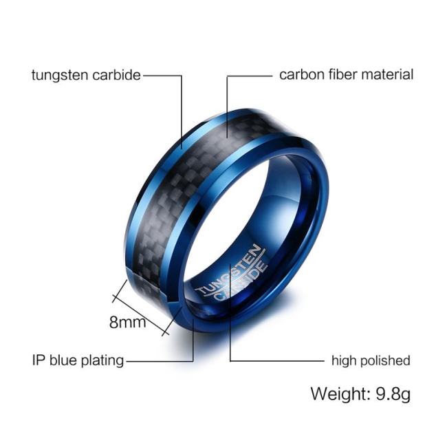 Wholesale Blue Tungsten Carbide Rings with Carbon Fiber Inlay