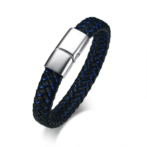 Wholesale Stainless Steel Blue Black Leather Bracelet