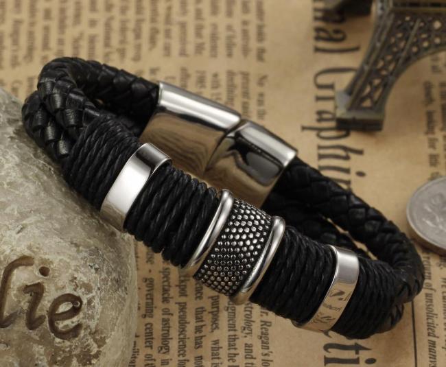 Wholesale Stainless Steel Cool Leather Bracelet