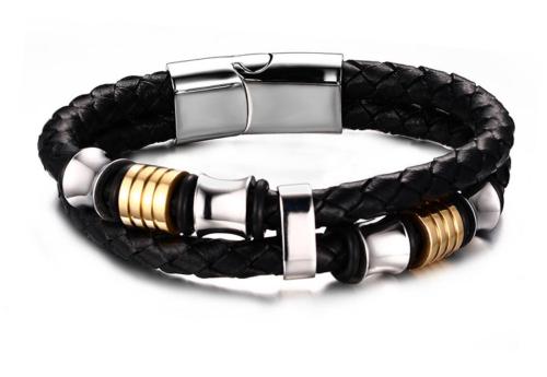 Wholesale Mens IP Gold Beads Black Braid Leather Bracelet