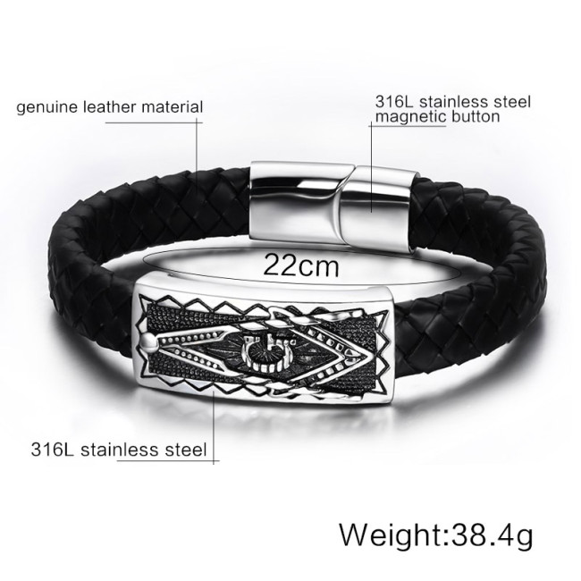 Wholesale Stainless Steel Masonic Leather Bracelet