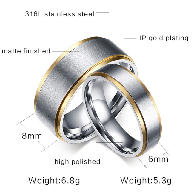Wholesale Stainless Steel Gold Edge Bushed Center Wedding Bands