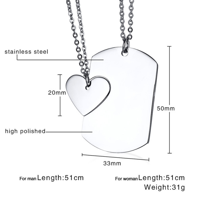 Wholesale Stainless Steel Dog Tag Heart Matching Couple Pendant