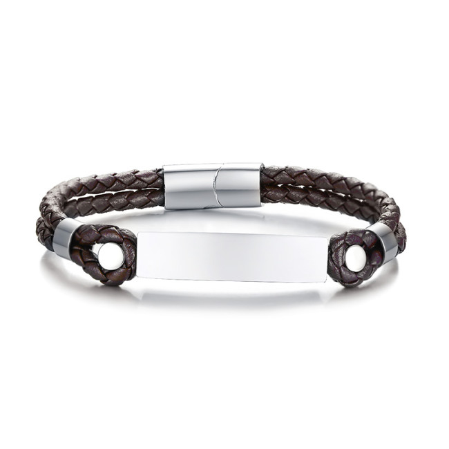 Wholesale Stainless Steel Custom Engraved  Men's Polished Leather ID Bracelet
