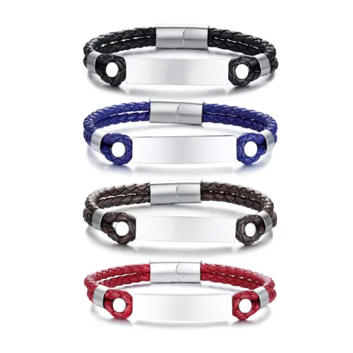Wholesale Stainless Steel Custom Engraved  Men's Polished Leather ID Bracelet