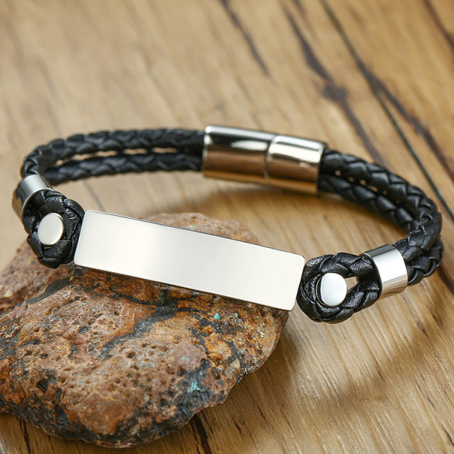 Wholesale Stainless Steel Custom Engraved  Men's Polished Leather ID Bracelet